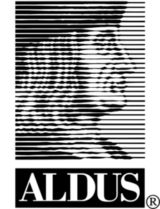 Black and white logo featuring horizontal lines forming a stylized profile of a face, with the word ALDUS in bold capital letters underneath and a registered trademark symbol.