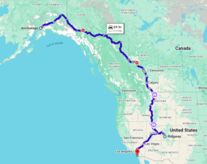 A map displays a driving route from Anchorage, Alaska to San Diego, Calif., via Ridgway, Colo., and spanning 2,273 miles through Canada and the western United States, with an estimated travel time of 69 hours.