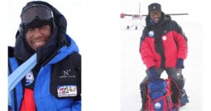 Two images of a person dressed in heavy winter gear: on the left, they smile at the camera, and on the right, they stand on snow with gear and a small plane in the background.