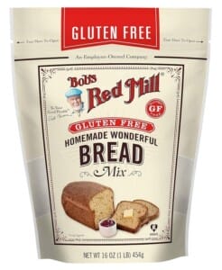 A bag of Bob’s Red Mill Gluten Free Homemade Wonderful Bread Mix, the label showing sliced bread with butter and jam.
