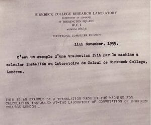 A typed 1955 Birkbeck College letter shows machine translation text in French and English about a translation device used there.