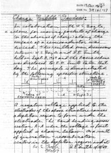 A hand-written page from a notebook from 1969 describing the design of 'Charge Bubble Devices'.