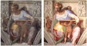 Side-by-side fresco images: left shows the faded, muted original; right displays the restored artwork with bright, vivid colors.