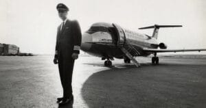 A pilot in uniform stands on the airport tarmac before an American Airlines jet, boarding stairs extended, sun backlighting the scene.
