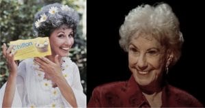 On the left, woman with daisies in her hair holds Chiffon Margarine and smiles in her character of 'Mother Nature'. On the right, the actress who played her more recently, wearing a red patterned top.