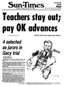 A newspaper clipping headline reads 4 selected as jurors in Gacy trial with an illustration of a suited man sitting and looking forward. The article discusses jury selection for John Wayne Gacy's murder trial.