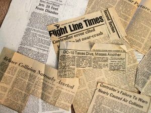 Newspaper clippings recount the dear disaster.