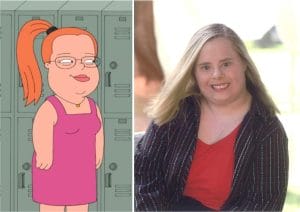 A split image: left shows an animated red-haired girl by school lockers; right, a smiling woman with Down syndrome in a striped jacket.