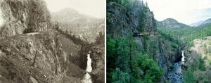 Side-by-side: train on tracks in mountain gorge over river—left, historical black & white; right, modern color; same spot decades apart.