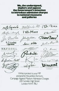 A poster shows famous artists' handwritten signatures under a statement opposing UK museum admission fees; campaign contacts are printed below.