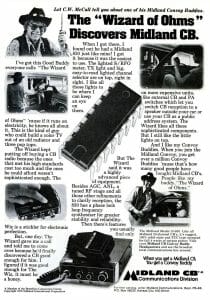 Black-and-white vintage ad for Midland CB radios with a man using the radio, product details, and C.W. McCall endorsements.