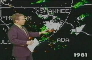 A male weather presenter in a suit gestures toward a severe storm on a radar map of Shawnee and Ada; "1981" appears in bold white text bottom right.