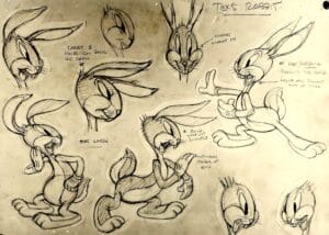 A sketch sheet of a cartoon rabbit in various poses and expressions, showing front, side, and action views. Handwritten notes label features like big limbs and cheeks outward. A small duck cartoon is in the bottom right.