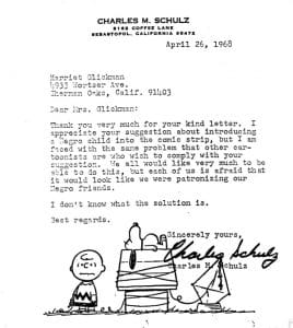A 1968 letter from Charles M. Schulz to Harriet Glickman about adding a Black Peanuts character, with Snoopy and Charlie Brown drawn on the page by his signature.