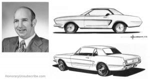 A black and white photo of a smiling man in a suit beside two classic 1960s coupe sketches; HonoraryUnsubscribe.com in corner.