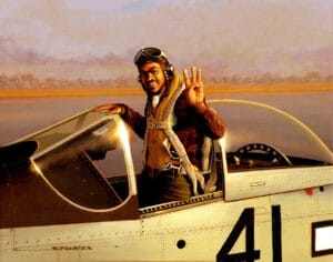 A painting of a smiling pilot in vintage gear sitting in a silver airplane's cockpit, holding up three fingers. Trees and a golden sky are behind him.