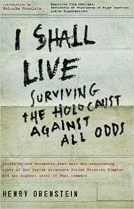 Book cover for I Shall Live by Henry Orenstein, with uneven hand-drawn text on a textured background and red, white boxes.