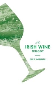 A minimalist book cover for The Irish Wine Trilogy shows a tilted wine glass with green ocean waves on white background.
