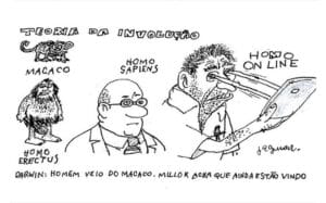 Cartoon showing human evolution: a monkey, Homo erectus, Homo sapiens, and a modern man labeled Homo On line with a phone and tablet stuck to his eyes. The caption reads, "Darwin: Man came from monkeys. Others think they are still coming."