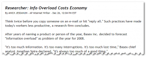 Screenshot of news article on info overload hurting the economy, written by AP reporter Anick Jesdanun.