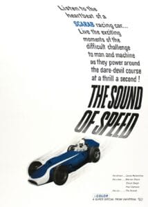 A vintage film poster shows a blue and white race car with a helmeted driver, promoting 'The Sound of Speed'.