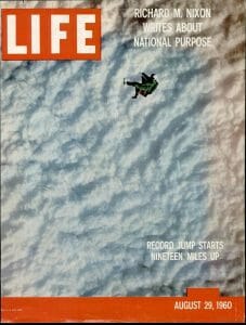 LIFE magazine cover from August 29, 1960, with a skydiver above clouds. Headlines mention Nixon and a high-altitude record jump.