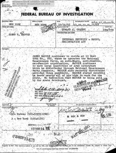 Digitized copy of a declassified FBI investigative report, with "SECRET" crossed out.