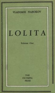 Book cover of Lolita by Vladimir Nabokov, Volume One, published by The Olympia Press. The cover is green with a black border and simple black text in the center.