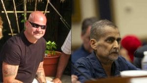 A photo collage showing, on the left, a smiling bald man with sunglasses and tattoos sitting outdoors; on the right, a gaunt man with short hair and a serious expression speaking at a microphone in a formal setting. They are the same man, a few years apart.