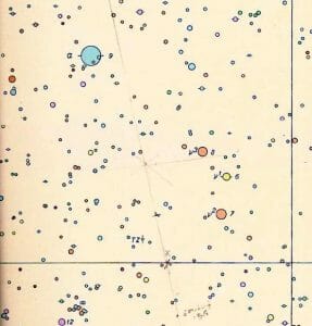 A star chart shows many small colored circles for stars of different brightness on a grid, some larger circles are highlighted, and pencil marks record something at several different locations.