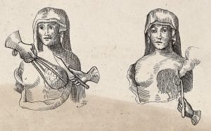 Two black-and-white sketches of a female bust; one shows a breast being cauterized on the chest with tongs by two hands, while the other shows the figure after the procedure, holding a smoking object.