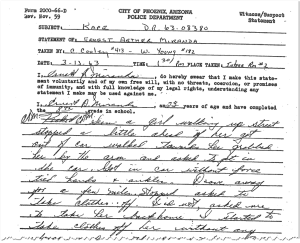 A handwritten City of Phoenix Police statement by Ernest Miranda with his info and action details, dated March 13, 1963.