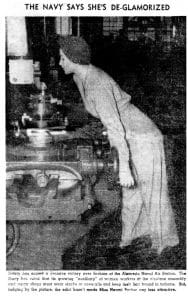 A woman in work clothes and a headscarf operates machinery in a factory; the headline reads, 'The Navy Says She's De-Glamorized.'