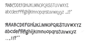 Uppercase and lowercase alphabets with punctuation in two fonts: slender on top row, bold and rounded on the bottom row.