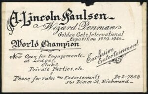 A vintage hand-lettered business card for A. Lincoln Paulsen, Wizard Penman, World Champion 1939–40 GGIE. Event services; contact info listed.