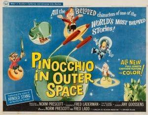 Vintage movie poster for Pinocchio in Outer Space with cartoon characters floating among planets and stars, bold colorful film credits.