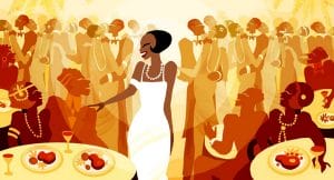 An illustration of an elegant woman in a white dress and pearls smiles among dining guests, with a lively formal crowd mingling in warm golden tones.