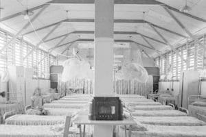 Black-and-white photo of a large hospital ward with empty beds, mosquito nets, ventilated roof, and a radio on a table up front.