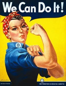 A woman in a blue shirt and red polka-dot bandana flexes her arm, showing strength, under the bold text “We Can Do It!” on a yellow background. This is the iconic World War II Rosie the Riveter poster.