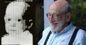 A side-by-side image shows a pixelated black-and-white baby photo on the left and a smiling elderly man with glasses on the right.
