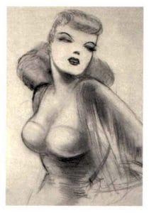 A stylized pencil sketch of a glamorous woman with wavy hair, bold makeup, and an off-shoulder dress, posed with confidence and looking to the side.
