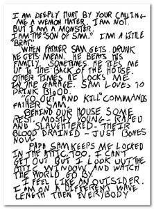 Handwritten note describing a person's feelings of being hurt, misunderstood, and calling themselves a monster. It details abuse by a drunk father, animal cruelty, isolation, and feeling like an outsider.