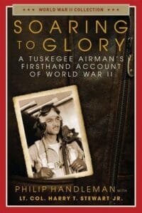 Book cover for Soaring to Glory with a Tuskegee Airman photo over a leather jacket and zipper; title and authors above and below.