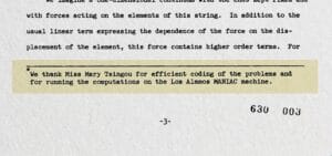 A passage highlighted in a scientific paper expresses gratitude to Miss Mary Tsingou for solving coding problems and conducting computations on the Los Alamos MANIAC computer.