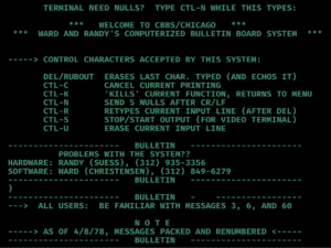 A green monochrome computer terminal displays CBBS/Chicago BBS instructions, control characters, notes, and operator numbers.