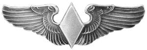 Silver aviator wings pin with a central diamond-shaped emblem, flanked by outstretched feathered wings on both sides.