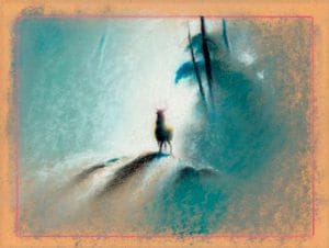 A pastel illustration of a deer standing on a sunlit path in a misty forest, with soft blue, white, and brown hues creating a dreamy, ethereal atmosphere. Trees and shadows are blurred in the background.