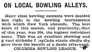 Black and white newspaper clipping titled ON LOCAL BOWLING ALLEYS. It discusses recent close bowling contests and notes a high score of 264, followed by a line of etaoin shrdlu.