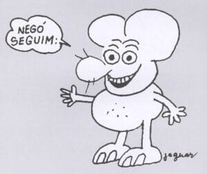 A cartoon rat with a large head, big ears, and a wide smile stands with an outstretched hand. A speech bubble says NEGO SEGUIM:. The drawing is signed Jaguar in the bottom right.