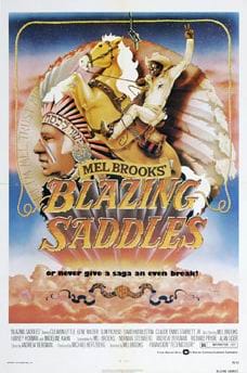 Poster for the film Blazing Saddles shows a cowboy on a rearing horse in front of a Native American chief’s profile, with the title “Blazing Saddles” and the tagline “Or never give a saga an even break!”.